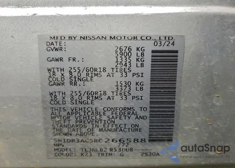 2024 Nissan Pathfinder S z USA, uszkodzony, nr VIN 5N1DR3AC5RC266588